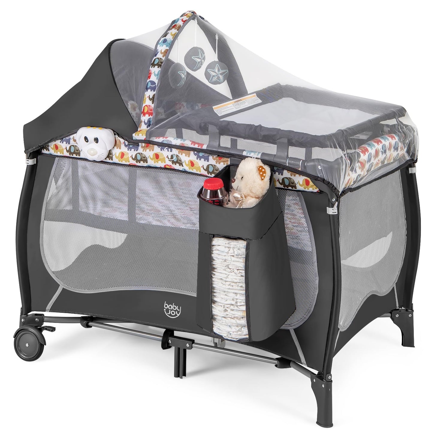 BABY JOY 4 in 1 Pack and Play with Canopy, Portable Baby Playard with Bassinet, Double-Layer Baby Crib, Wheels & Brake, Foldable Baby Girl Pink Princess Bassinet from Newborn to Toddler