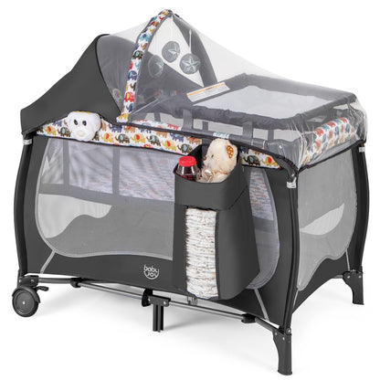 BABY JOY 4 in 1 Pack and Play with Canopy, Portable Baby Playard with Bassinet, Double-Layer Baby Crib, Wheels & Brake, Foldable Baby Girl Pink Princess Bassinet from Newborn to Toddler