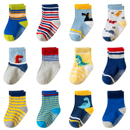 Toddler Non Slip Grips Socks Kids Anti Skid Baby Boys Girls Cotton Crew Socks 12 Pairs