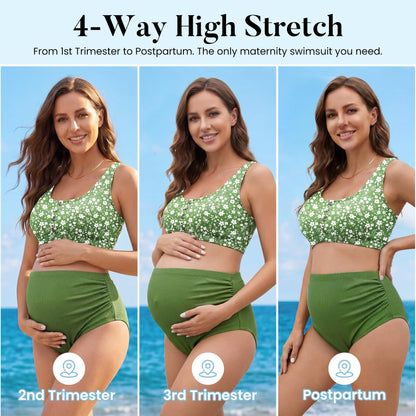 Zando High Waist Maternity Swimsuit Two Piece Pregnancy Swimwear Bikini Bathing Suits for Women Maternity Swimsuits