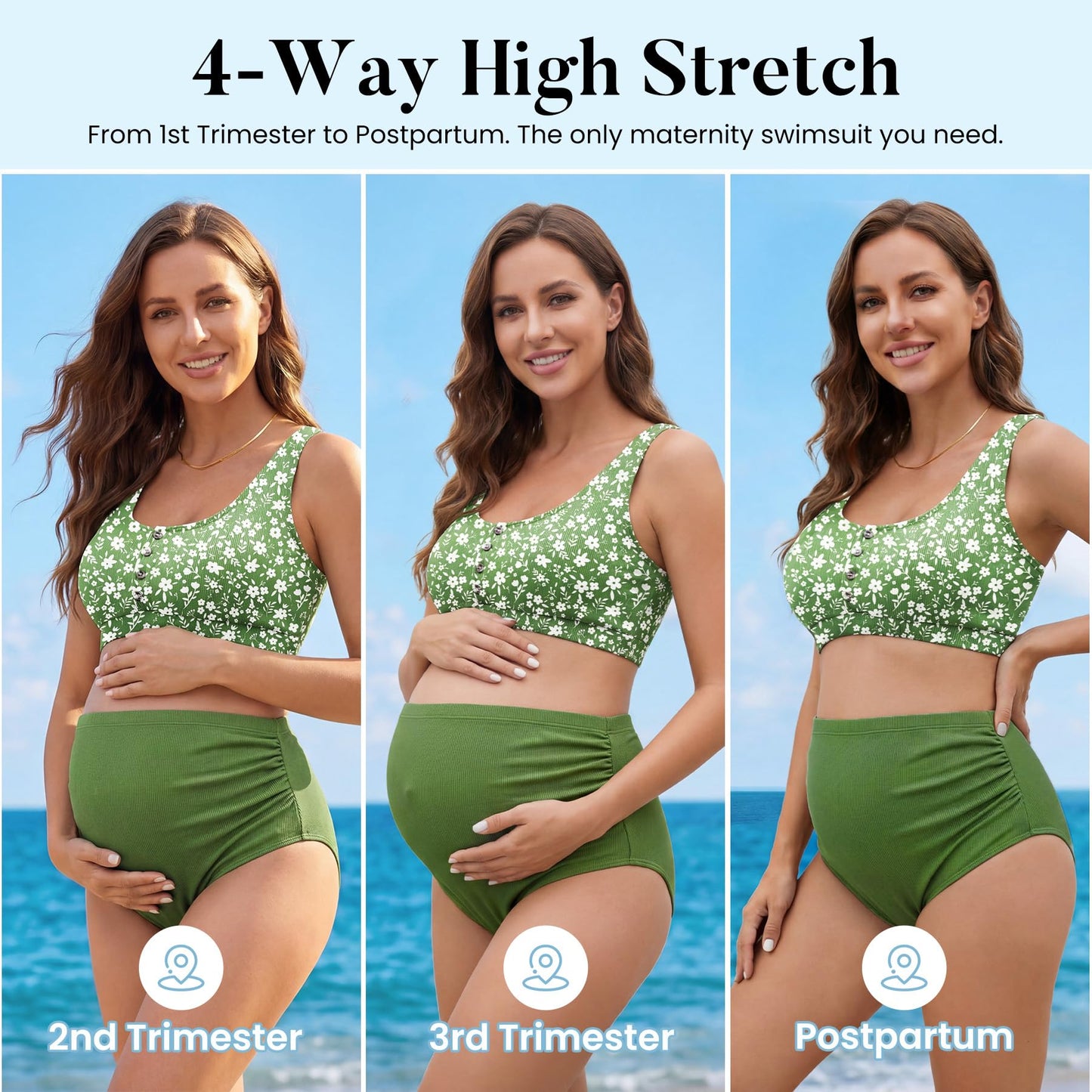 Zando High Waist Maternity Swimsuit Two Piece Pregnancy Swimwear Bikini Bathing Suits for Women Maternity Swimsuits