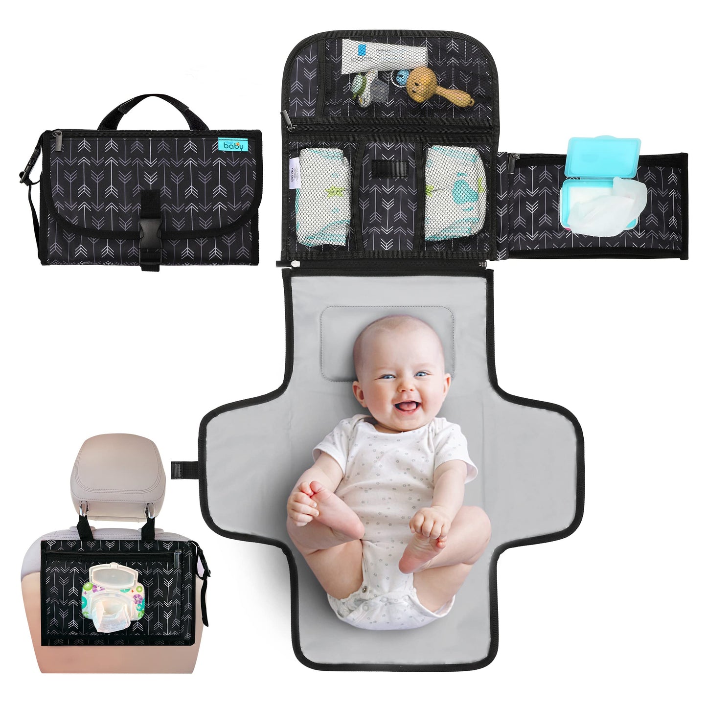 Kopi Baby Portable Diaper Changing Pad - Baby Diaper Changer Travel Bag with Wipes Pocket, Smart Design Portable Changing Mat, Infant Travel Station Kit, Gift for Newborn Girl & Boy - Grey, Classic
