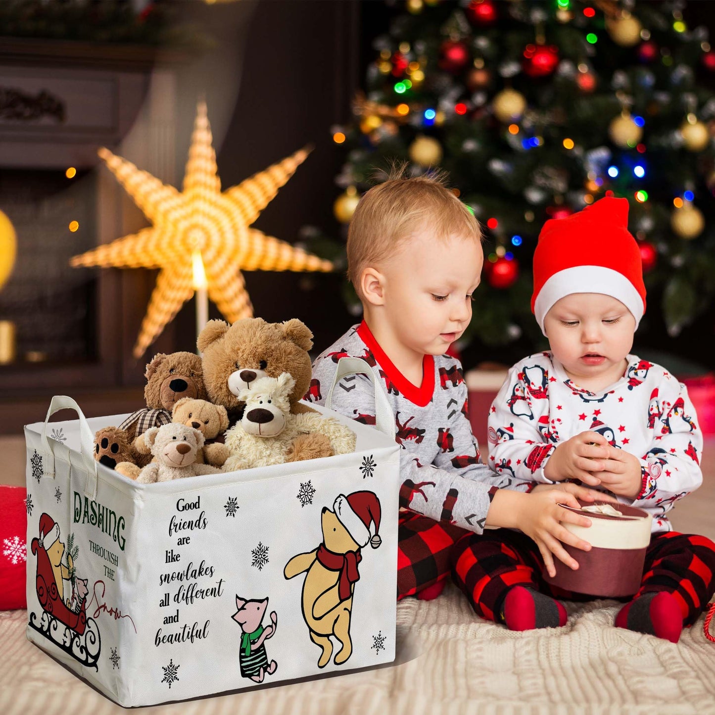Winnie Nursery Decor, the Pooh Baby Stuff, Winnie Storage Nursery Basket, Large squarecanvas Laundry Hamper With A Waterproof PECoating, Foldable, Toys Bin, Baby Nursery HamperDecor, Star