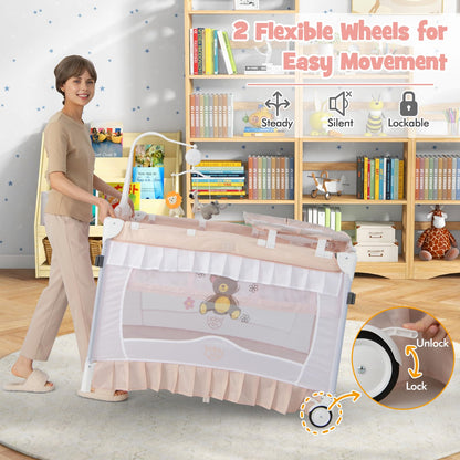 BABY JOY 4 in 1 Pack and Play with Canopy, Portable Baby Playard with Bassinet, Double-Layer Baby Crib, Wheels & Brake, Foldable Baby Girl Pink Princess Bassinet from Newborn to Toddler