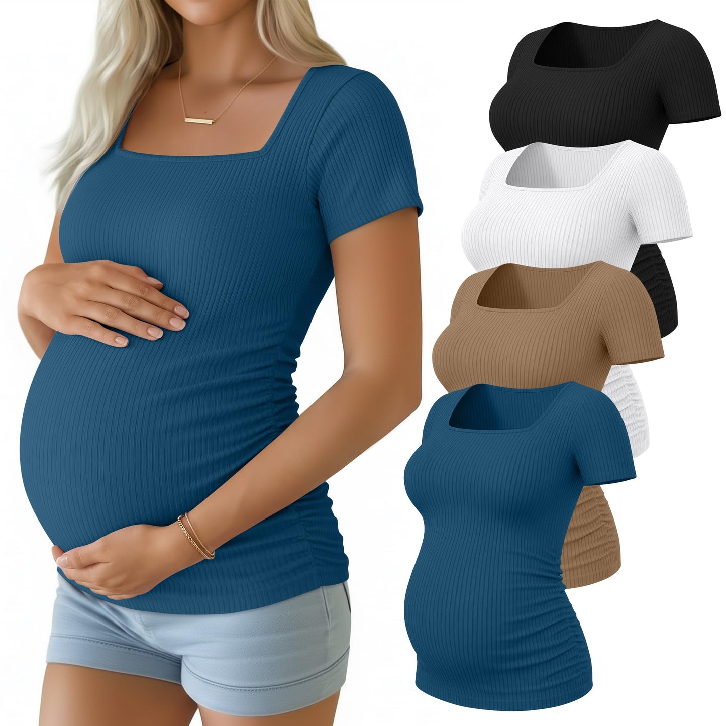 Huukeay 4 Pack Women's Maternity Shirts Cotton Ribbed Short Sleeve Square Neck Pregnancy Tops Side Ruched Summer Tee
