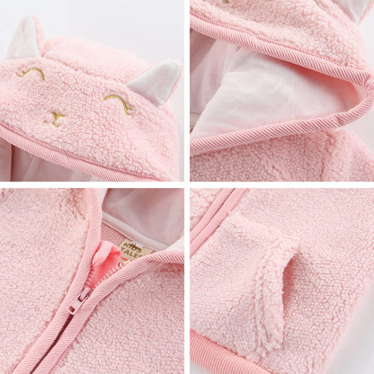 Newborn Infant Baby Boys Girls Cartoon Fleece Hooded Jacket Coat with Ears Warm Todder Kids Outwear Coat Zipper Up 0-6Y