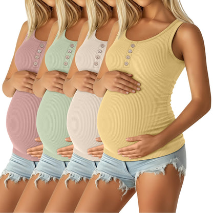 4 Pack Women's Maternity Tank Tops Henley Cotton Scoop Neck Shirt Ribbed Side Ruched Sleeveless Pregnancy Clothes