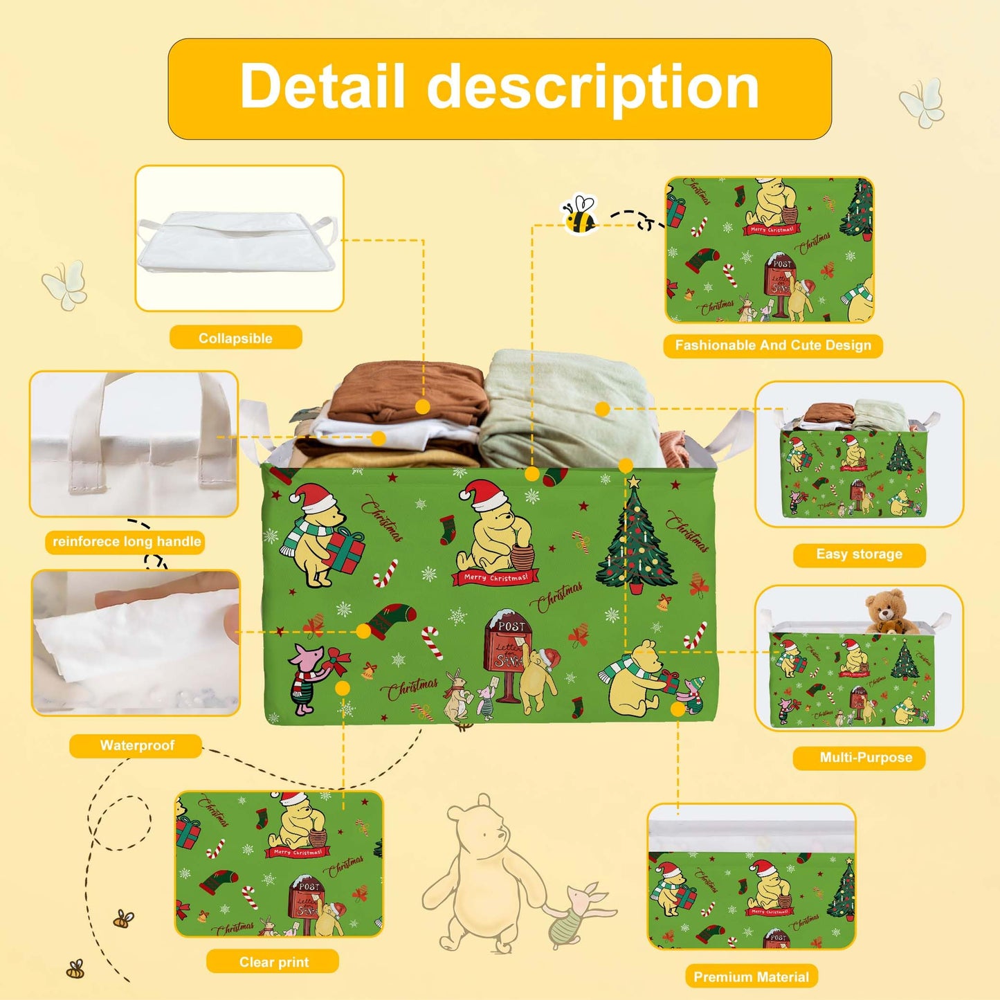 Winnie Nursery Decor, the Pooh Baby Stuff, Winnie Storage Nursery Basket, Large squarecanvas Laundry Hamper With A Waterproof PECoating, Foldable, Toys Bin, Baby Nursery HamperDecor, Star