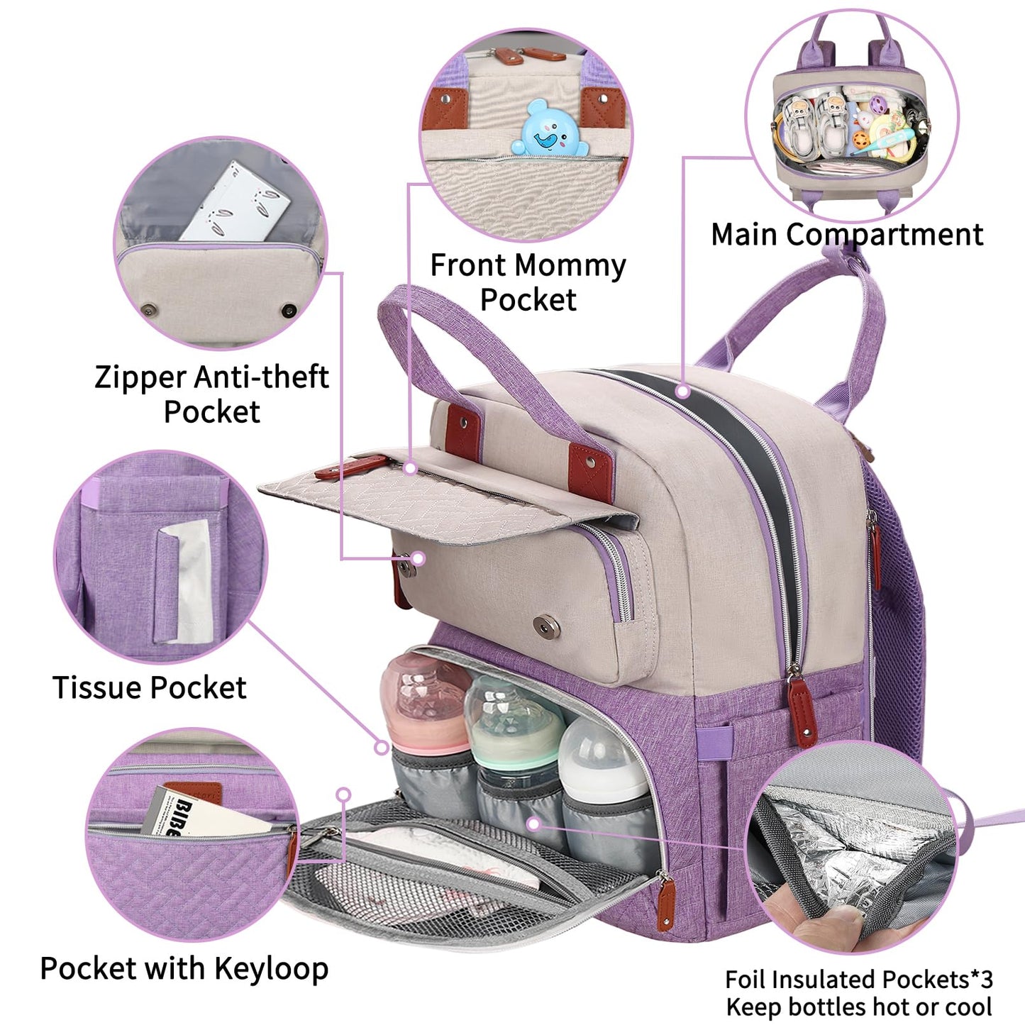 Diaper Bag Backpack, Baby Girl Diaper Bag for Mom, Large Pink Floral Diaper Bag Backpack for Girls, Waterproof Mom Backpack for Work Travel Holiday with Insulated Pockets and Stroller Straps
