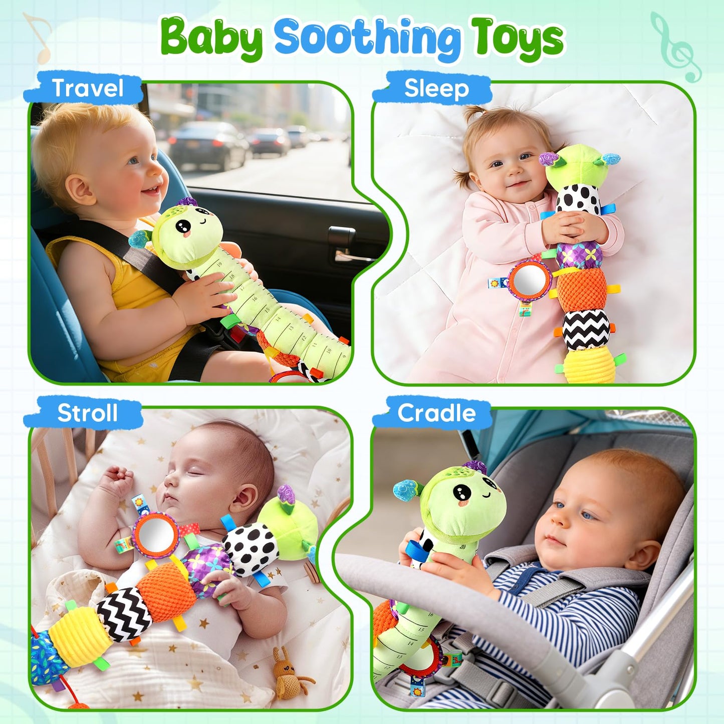 Baby Sensory Toys for 0-6 6-12 Months, Musical Stuffed Caterpillar Animal Toys for Infant 3 6 9 12 18 Months, Tummy Time Toys with Mirror Rattle Crinkle for Newborn Boys Girls Shower Gifts