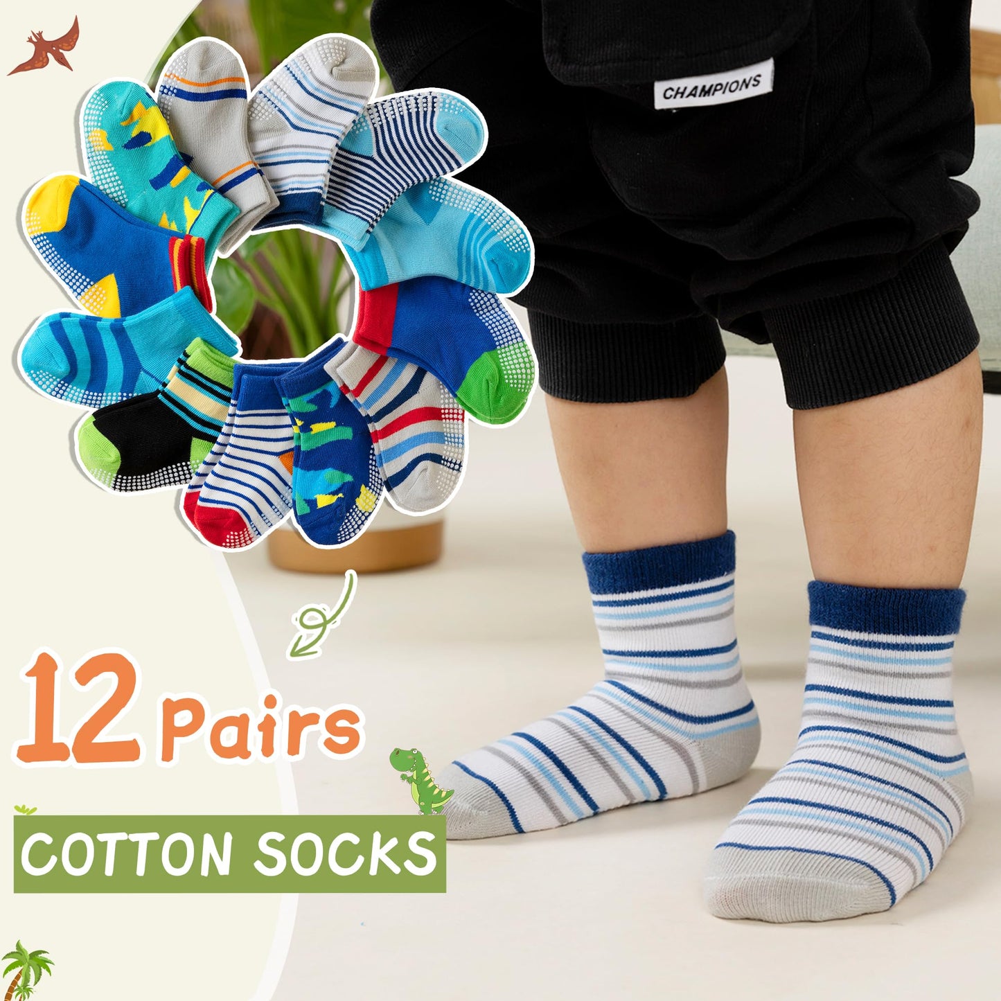 Toddler Non Slip Grips Socks Kids Anti Skid Baby Boys Girls Cotton Crew Socks 12 Pairs