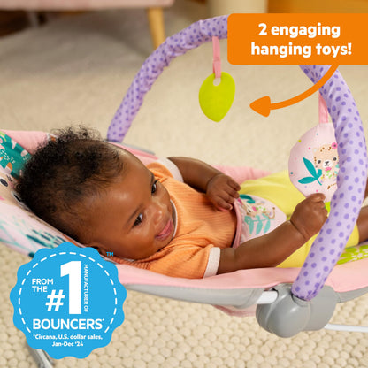Bright Starts Baby Bouncer Soothing Vibrations Infant Seat - Removable -Toy Bar, Nonslip Feet, 0-6 Months Up to 20 lbs (Safari Fun)