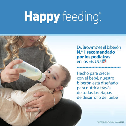 Dr. Brown's Natural Flow Anti-Colic Options+ Narrow Baby Bottle, 8 oz/250 mL, with Level 1 Slow Flow Nipples, 0m+, 4 Pack