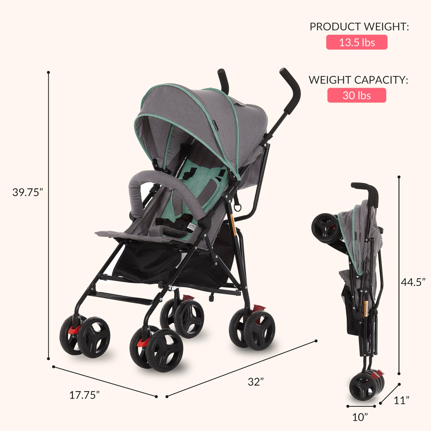 Dream On Me Vista Moonwalk Baby Stroller, Lightweight Travel Umbrella Stroller with Compact Fold, Smooth Ride Wheels, Multi-Position Recline, Spacious Storage Basket with Cup Holder, Light Gray