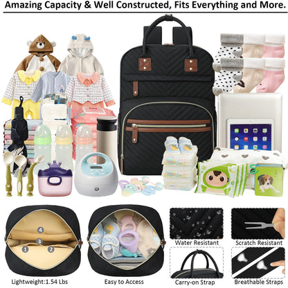 Tenot Diaper Bag Backpack for Women Large Capacity with Insulated Pockets Multifunctional Diaper Bags For Baby Girl Boy Waterproof Baby Bags For Mama Maternity Travel Bag Black