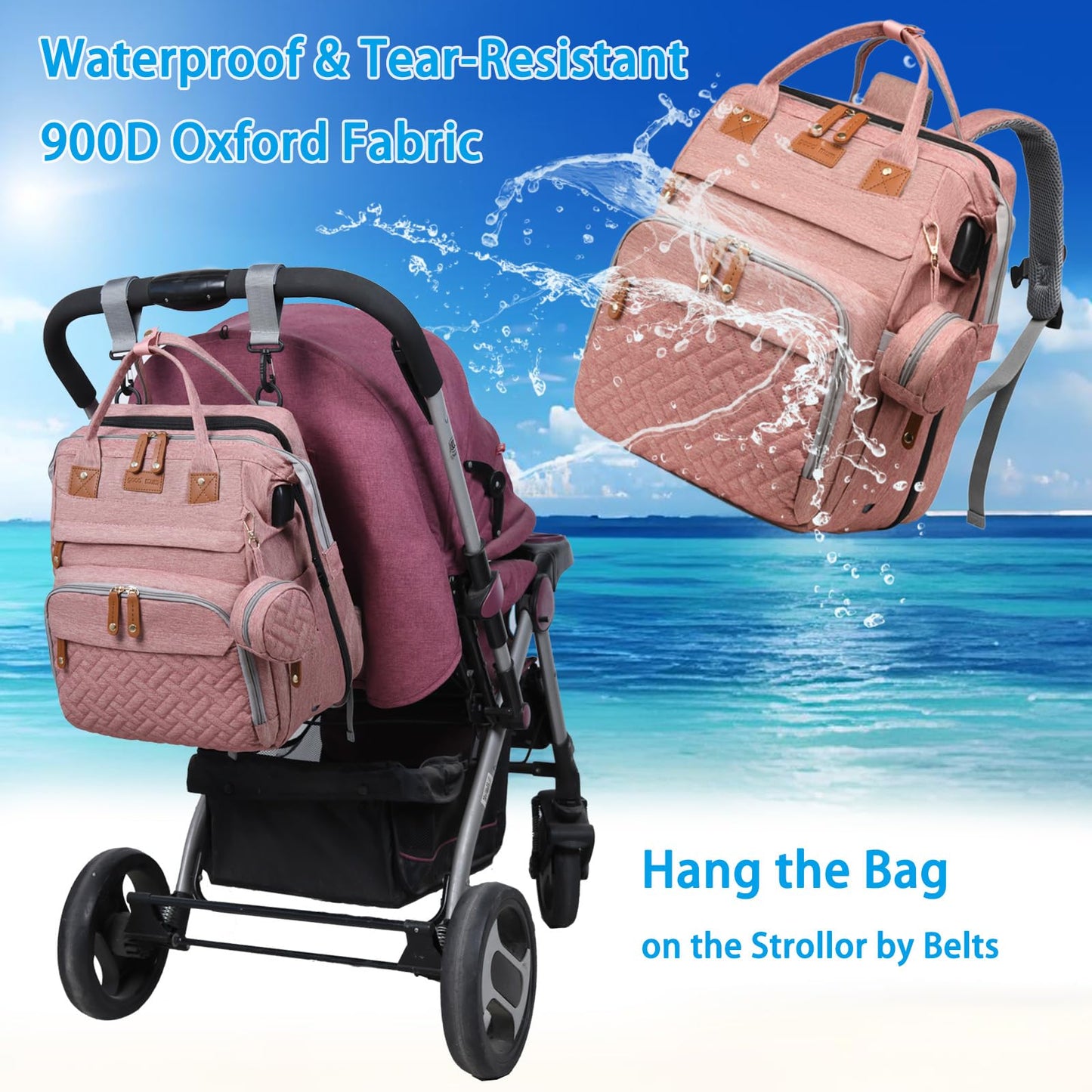 Jeryswet Baby Diaper Bags with Changing Station, Waterproof Large Capacity Diaper Bag Backpack for Moms Dads with USB Charging Port and Stroller Straps, Baby Shower Gifts, Grey