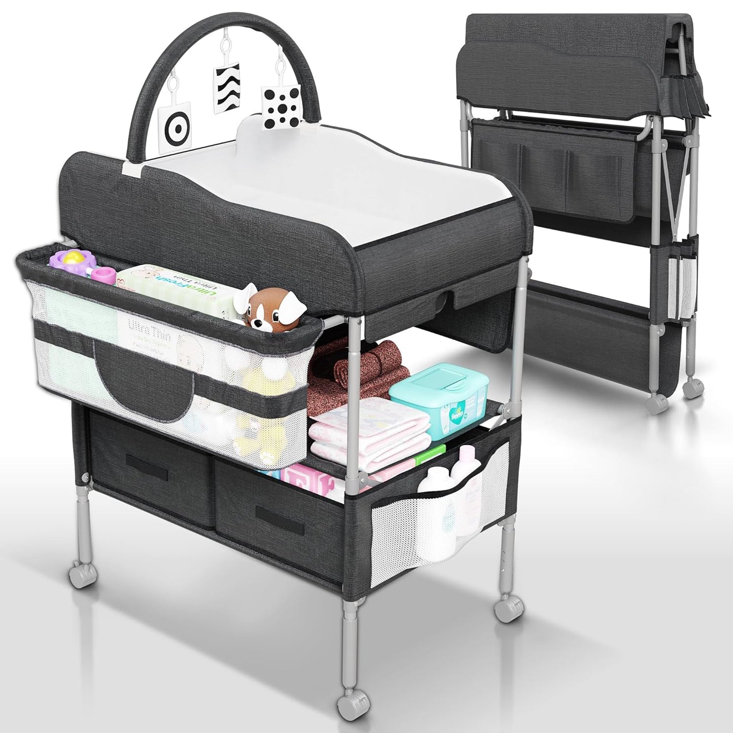 Baby Changing Table Black with Storage - Collapsible Baby Diaper Changing Station with Toy Holder, Baskets - Diaper Changing Table for Small Spaces, Portable Changing Table for Baby