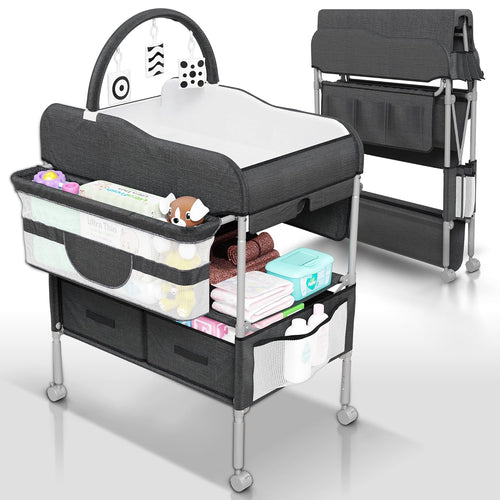 Baby Changing Table Black with Storage - Collapsible Baby Diaper Changing Station with Toy Holder, Baskets - Diaper Changing Table for Small Spaces, Portable Changing Table for Baby