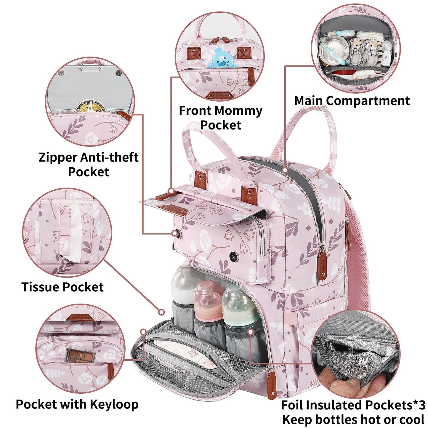 Diaper Bag Backpack, Baby Girl Diaper Bag for Mom, Large Pink Floral Diaper Bag Backpack for Girls, Waterproof Mom Backpack for Work Travel Holiday with Insulated Pockets and Stroller Straps