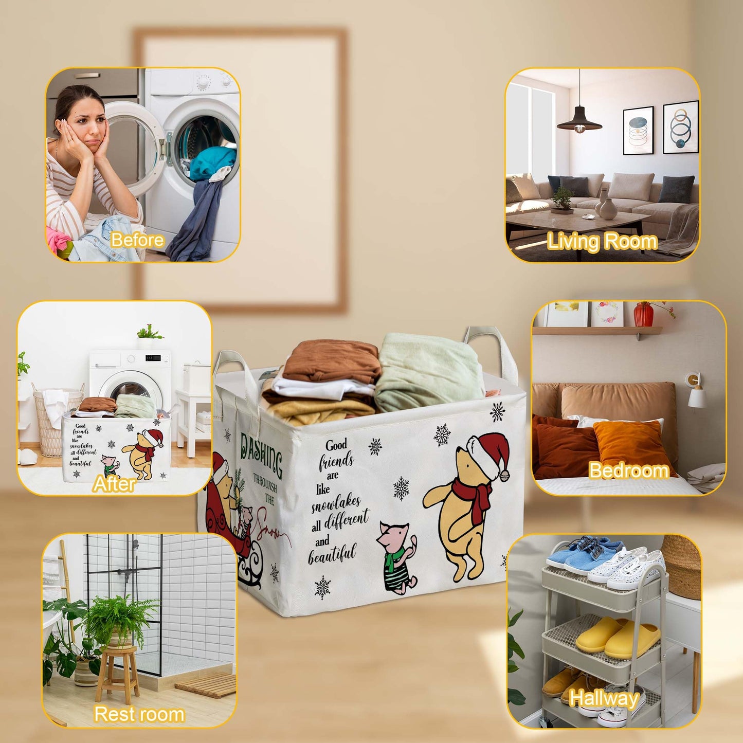Winnie Nursery Decor, the Pooh Baby Stuff, Winnie Storage Nursery Basket, Large squarecanvas Laundry Hamper With A Waterproof PECoating, Foldable, Toys Bin, Baby Nursery HamperDecor, Star