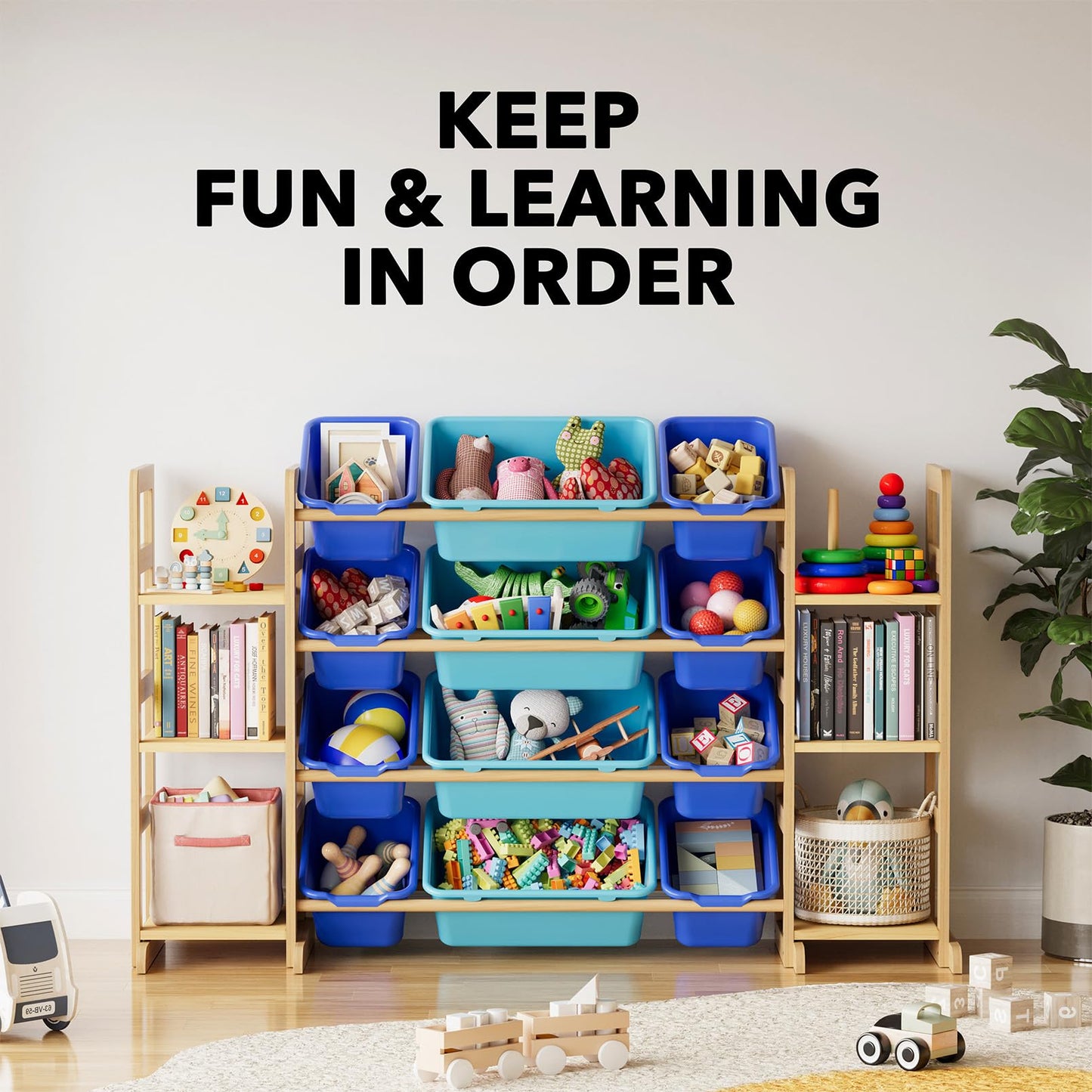 SpaceAid Toy Storage Organizer with 6 Shelves and 12 Bins, Bookshelf/Bookcase, Kids Bin Shelf, Toys Box for Playroom Organization for Bedroom & Room Decor, White, 52.3" W