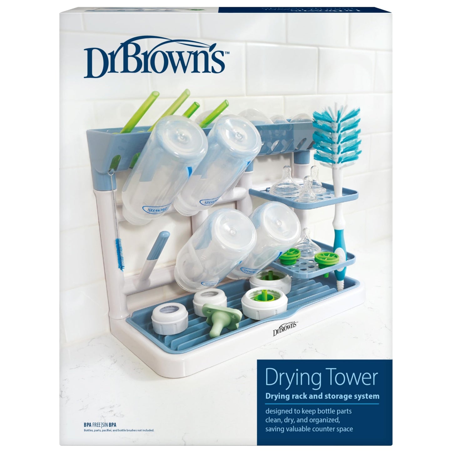 Dr. Brown's Baby Bottle Drying Tower, Stand-Up Countertop Drying Rack with Organized Storage for Baby Essentials, Space Saving Vertical Rack, Black/White