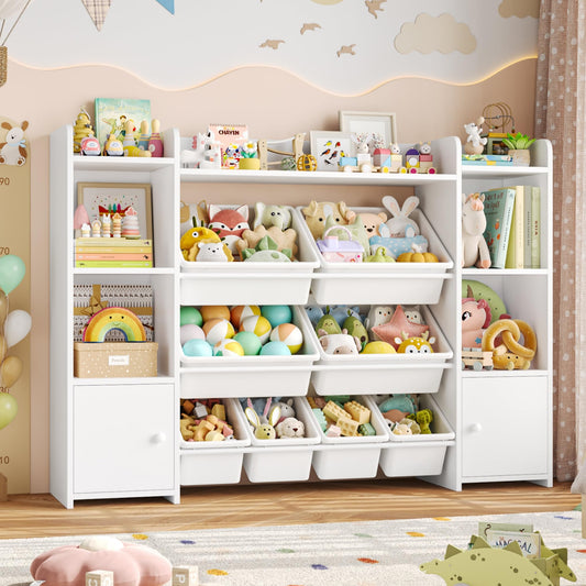 FOTOSOK Toy Storage Organizer with 8 Toy Bins, 55''Large Toy Organizers and Storage with Top Shelf, Toy Storage and Kids Bookshelf with 6 Storage Cubbies, Playroom Storage and Organization Bins, White
