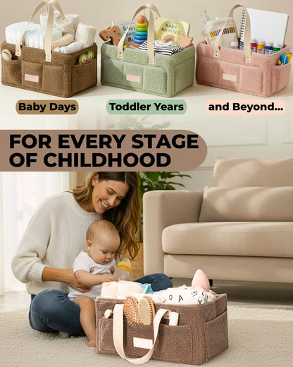 Baby Diaper Caddy Organizer with Portable Changing Mat - Teddy Fleece Diaper Organizer for Changing Table - Basket for Changing Essentials - Baby Essentials Organizer with Removable Dividers