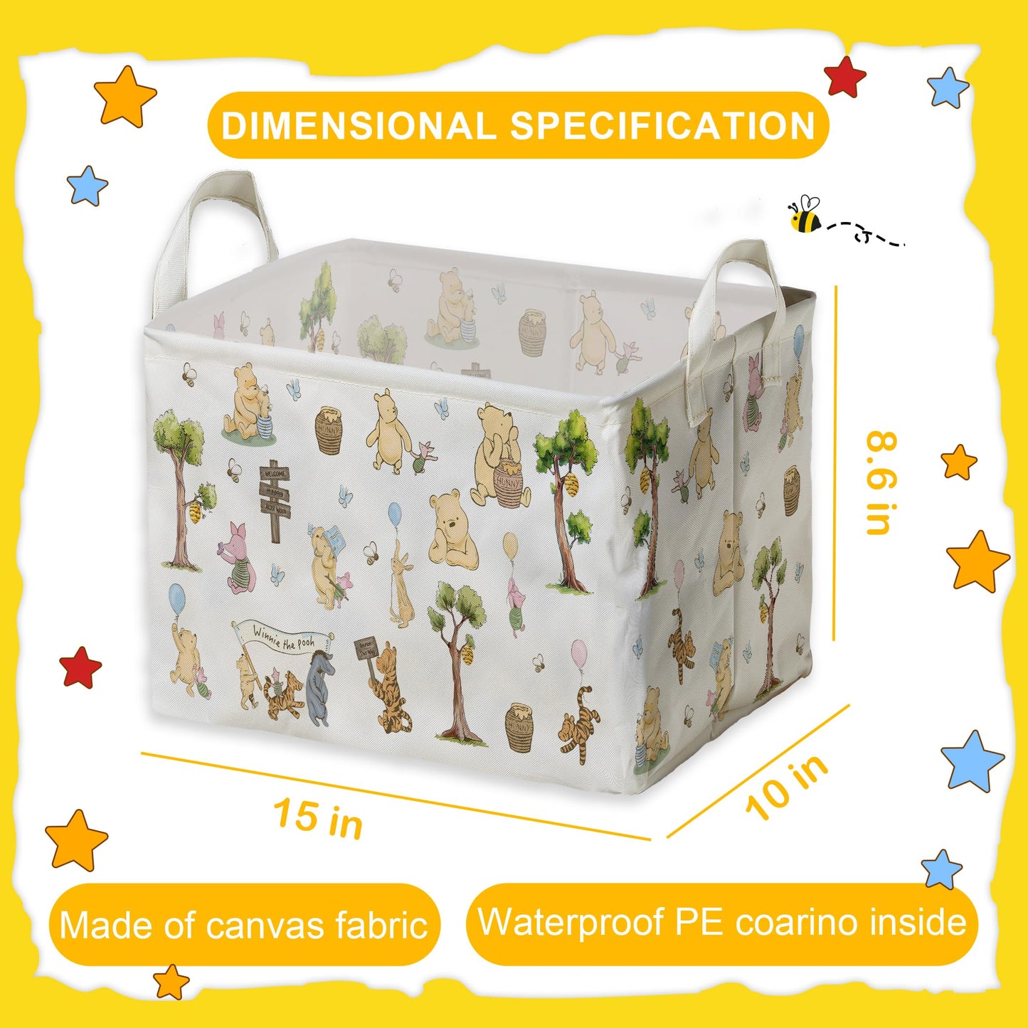 Winnie Nursery Decor, the Pooh Baby Stuff, Winnie Storage Nursery Basket, Large squarecanvas Laundry Hamper With A Waterproof PECoating, Foldable, Toys Bin, Baby Nursery HamperDecor, Star