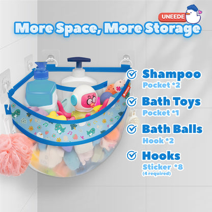 UNEEDE 4.32 Gallons Corner Mounted Bath Toy Storage Holder, Mesh Shower Caddy for Bathtub Organizer, Quick Dry Holder