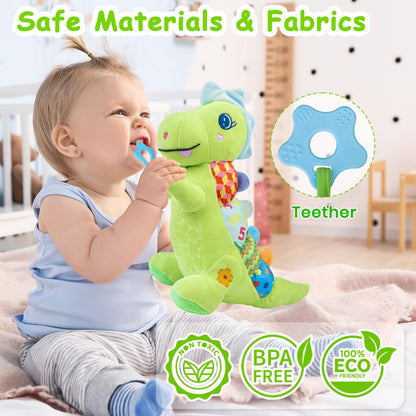 Baby Dino Plush Soft Stuffed Animal Toy for 0-3-6-12+ Months,Infant Musical Toy with Rattle,Squeaker,Sensory Crinkle,Teether & Textures,Tummy Time Toys Christmas Baby Gift for Newborn Girl Boy (Blue)