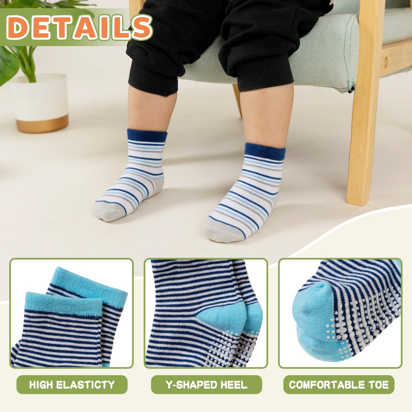 Toddler Non Slip Grips Socks Kids Anti Skid Baby Boys Girls Cotton Crew Socks 12 Pairs
