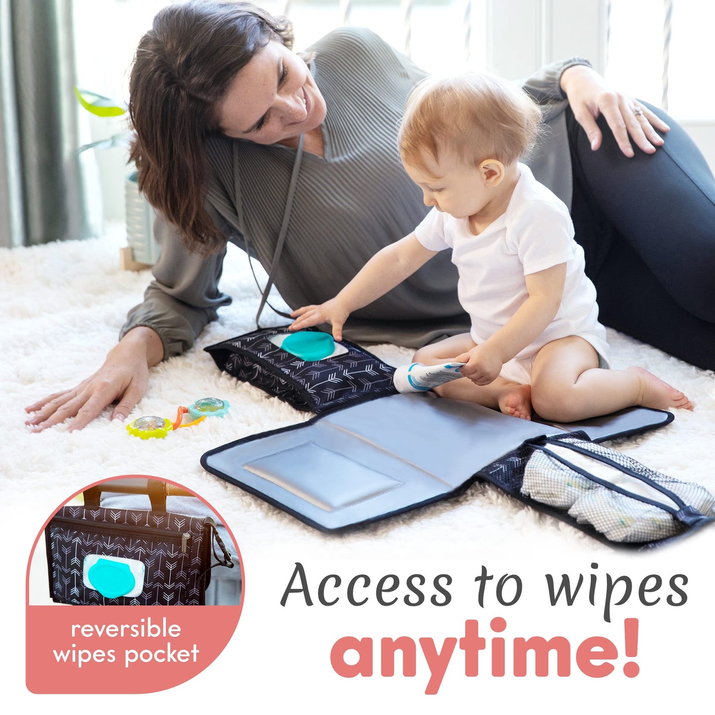 Kopi Baby Portable Diaper Changing Pad - Baby Diaper Changer Travel Bag with Wipes Pocket, Smart Design Portable Changing Mat, Infant Travel Station Kit, Gift for Newborn Girl & Boy - Grey, Classic