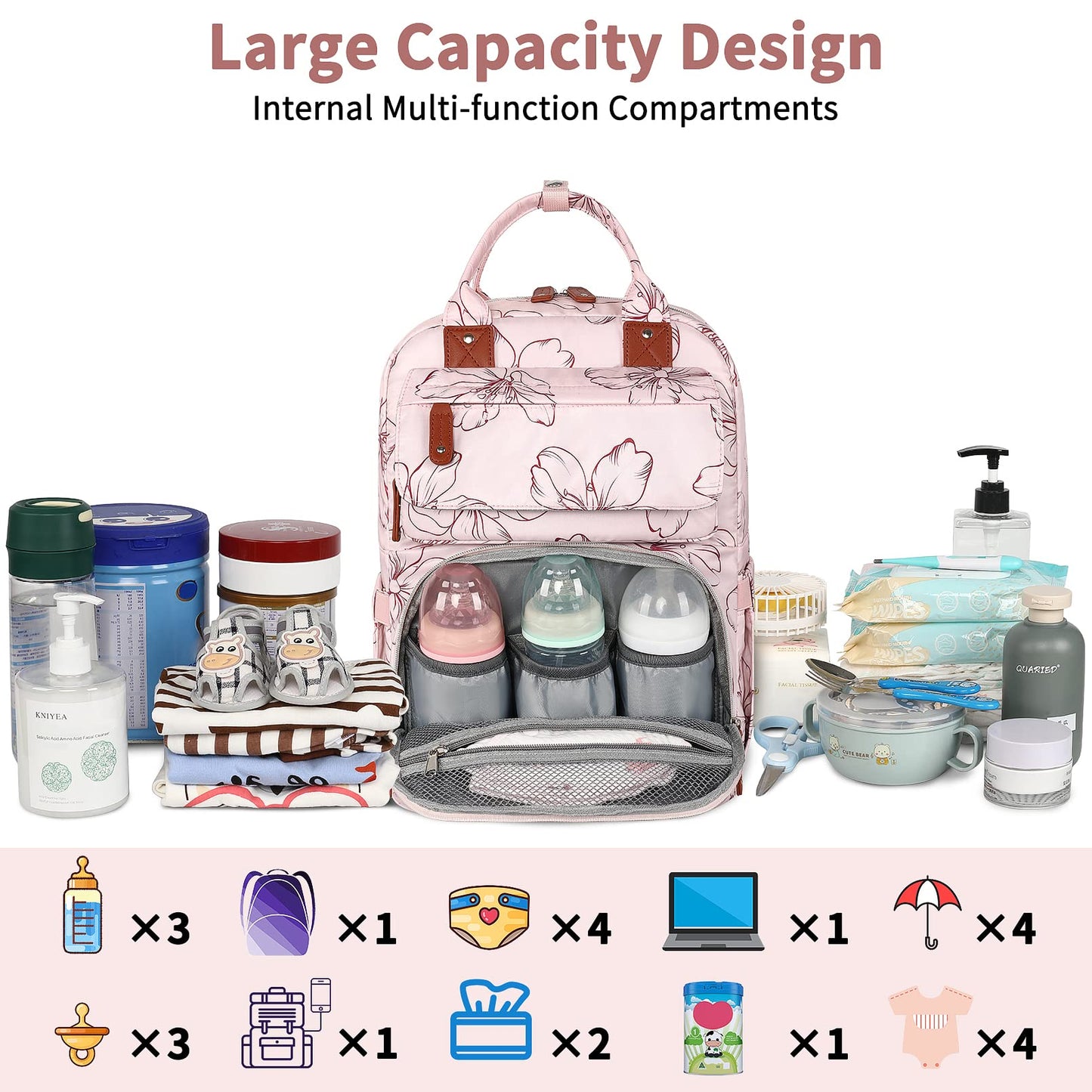 Diaper Bag Backpack, Baby Girl Diaper Bag for Mom, Large Pink Floral Diaper Bag Backpack for Girls, Waterproof Mom Backpack for Work Travel Holiday with Insulated Pockets and Stroller Straps