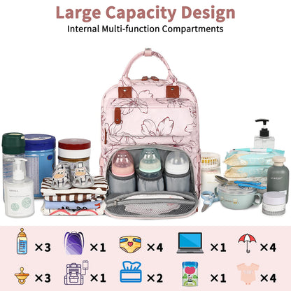 Diaper Bag Backpack, Baby Girl Diaper Bag for Mom, Large Pink Floral Diaper Bag Backpack for Girls, Waterproof Mom Backpack for Work Travel Holiday with Insulated Pockets and Stroller Straps