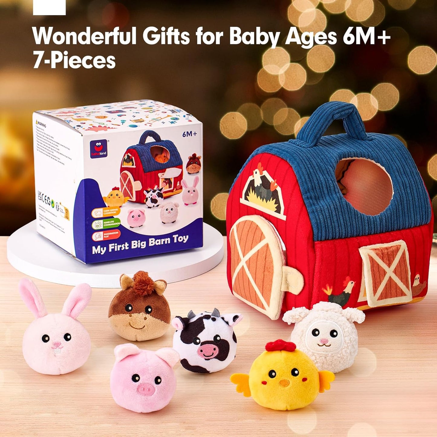 hahaland Baby Toys 6-12 Months - Surprise Barn Stuffed Farm Animals, Rattle, Crinkle, Mirror, Montessori Toys for 6 Month Old Sensory Balls 1-3, Baby Boy Gifts, Farm Plush Toys for Babies Travel Toy