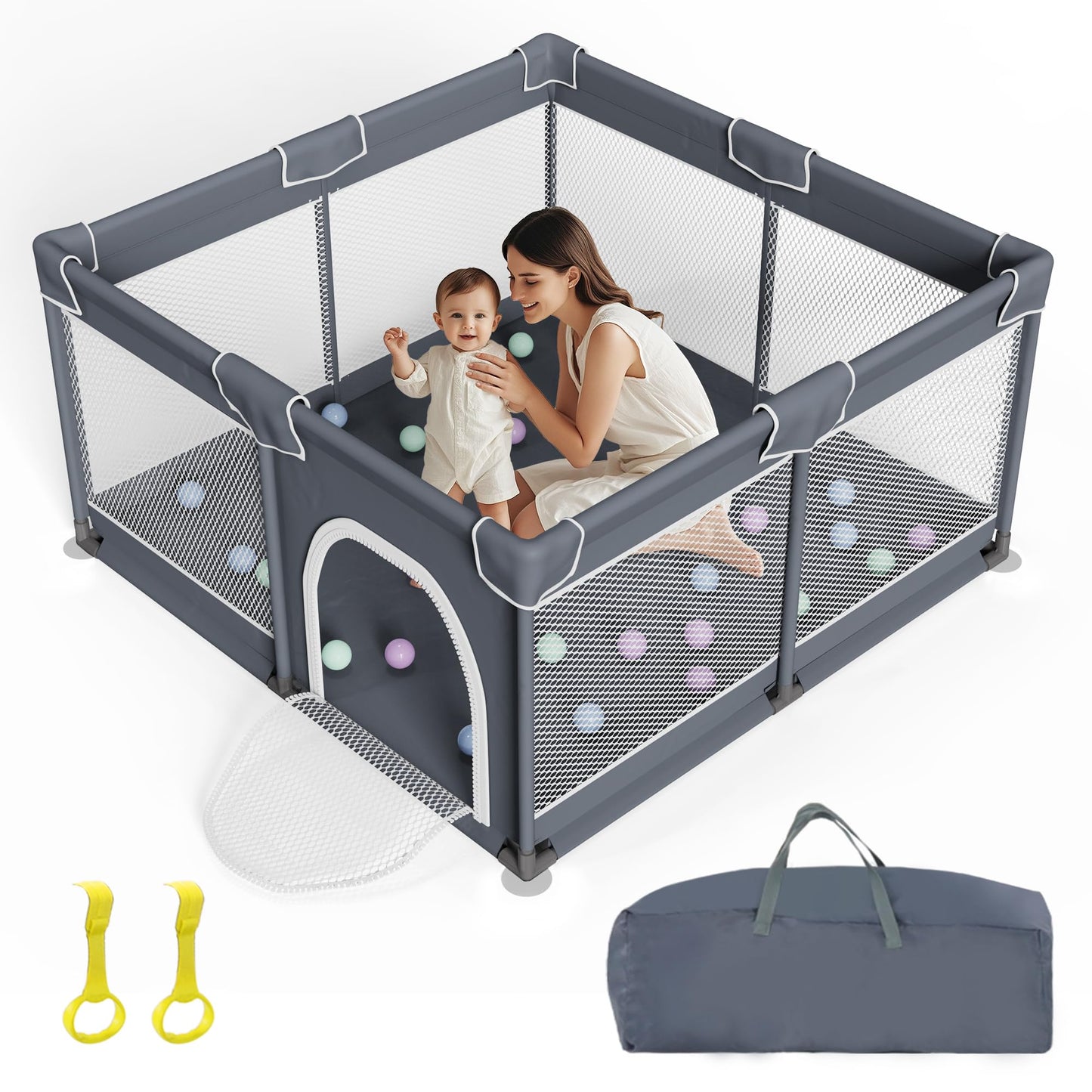 Foldable Baby Playpen - 50"x50" Safety Play Yard for Babies & Toddlers - Indoor & Outdoor Use with Carry Bag - Collapsible, Portable Play Yard, Dark Gray