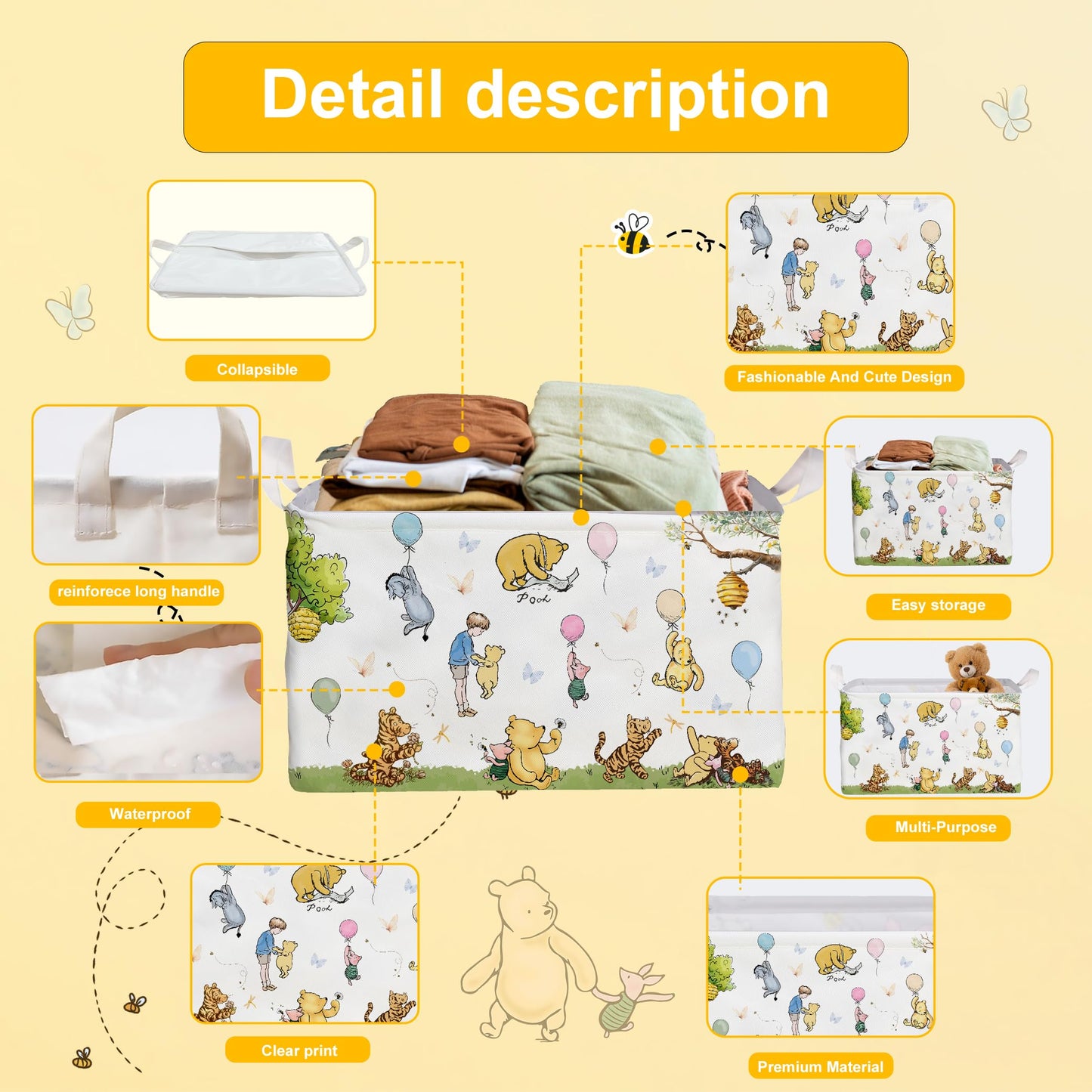 Winnie Nursery Decor, the Pooh Baby Stuff, Winnie Storage Nursery Basket, Large squarecanvas Laundry Hamper With A Waterproof PECoating, Foldable, Toys Bin, Baby Nursery HamperDecor, Star