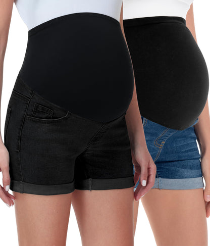 V VOCNI Maternity Denim Shorts Women's Summer High Waist Distressed Cuffed Hem Casual Denim Jean Shorts
