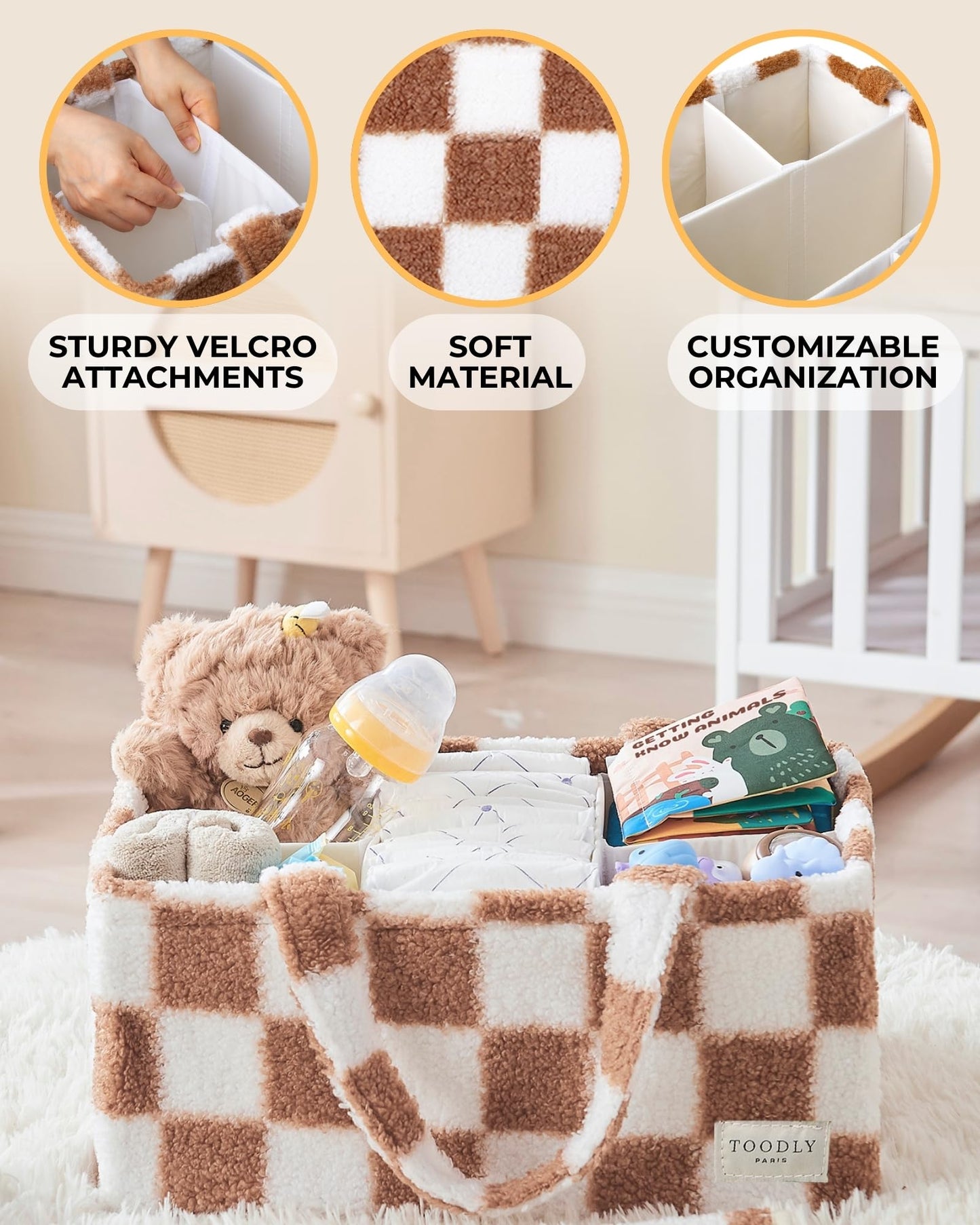Baby Diaper Caddy Organizer with Portable Changing Mat - Teddy Fleece Diaper Organizer for Changing Table - Basket for Changing Essentials - Baby Essentials Organizer with Removable Dividers