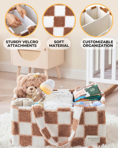 Baby Diaper Caddy Organizer with Portable Changing Mat - Teddy Fleece Diaper Organizer for Changing Table - Basket for Changing Essentials - Baby Essentials Organizer with Removable Dividers