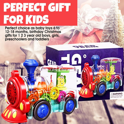 Transparent Sensory Train Toy -Interactive Light up Toys for Kids- Musical Train Toys with LED Light for Toddlers- Colorful Moving Gears- Tummy Time Crawling Baby Toy