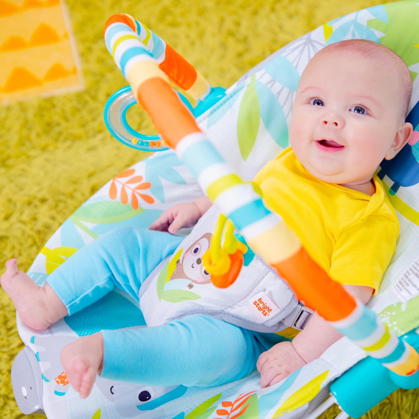Bright Starts Baby Bouncer Soothing Vibrations Infant Seat - Removable -Toy Bar, Nonslip Feet, 0-6 Months Up to 20 lbs (Safari Fun)