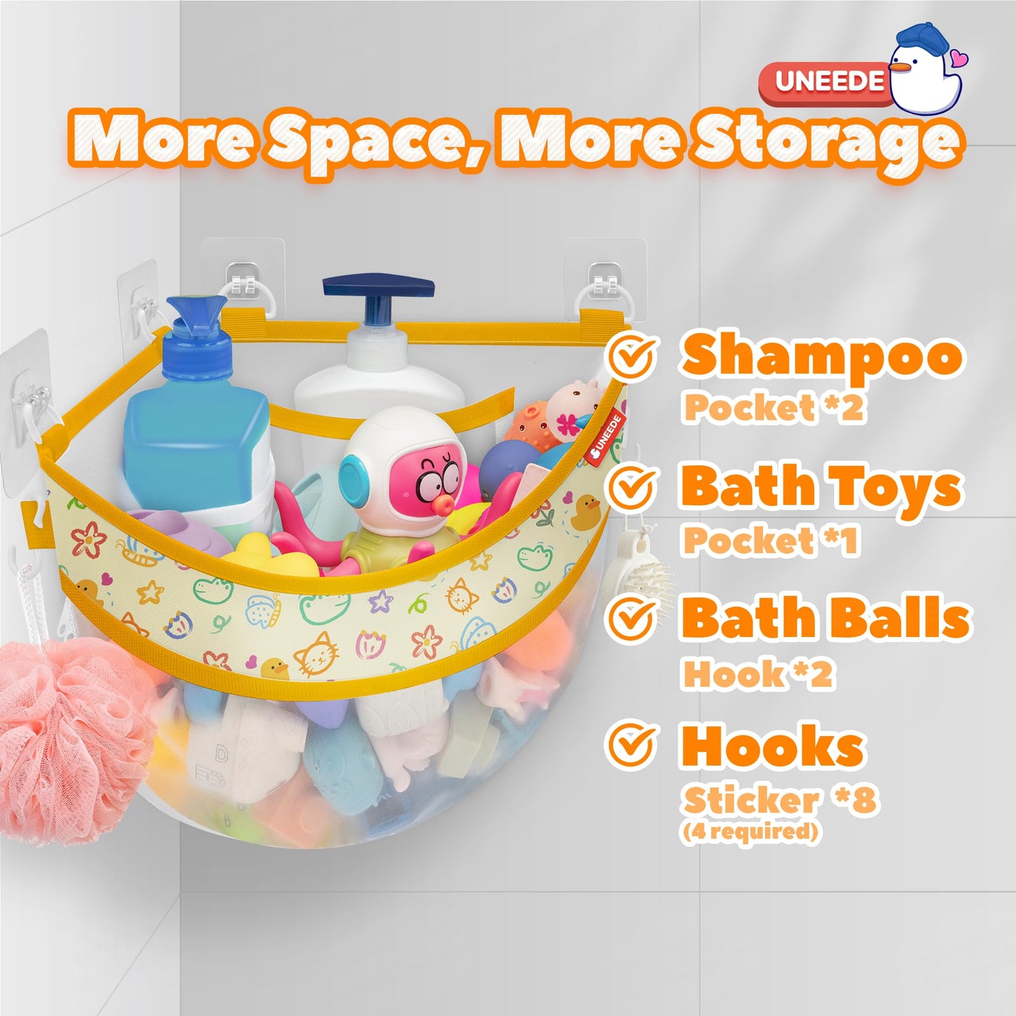 UNEEDE 4.32 Gallons Corner Mounted Bath Toy Storage Holder, Mesh Shower Caddy for Bathtub Organizer, Quick Dry Holder