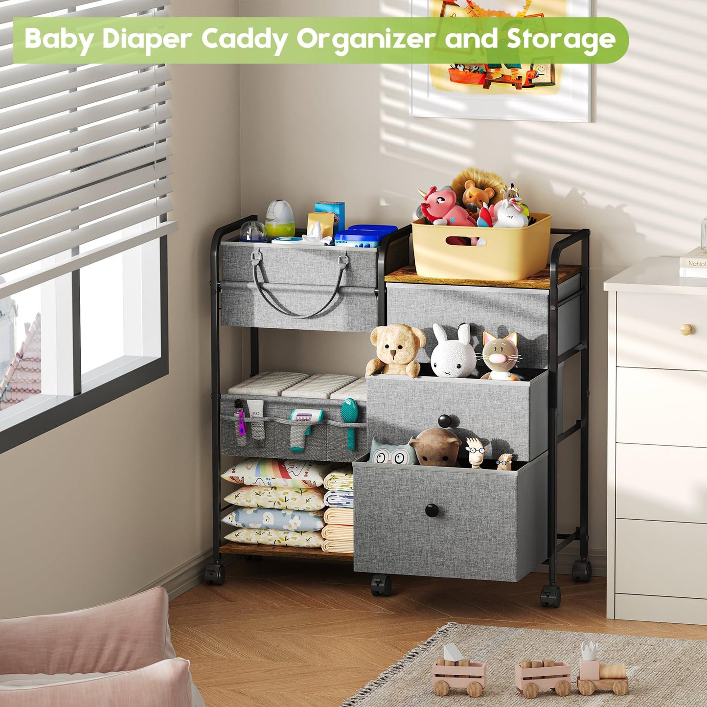 Cidaziya 2In1 Baby Diaper Caddy Organizers and Storage, 3 Tier Rolling Cart with Dividers and Drawers, Mobile Utility Cart Baby Dresser Clothes Organizer for Changing Table, Crib Nursery, Bedroom