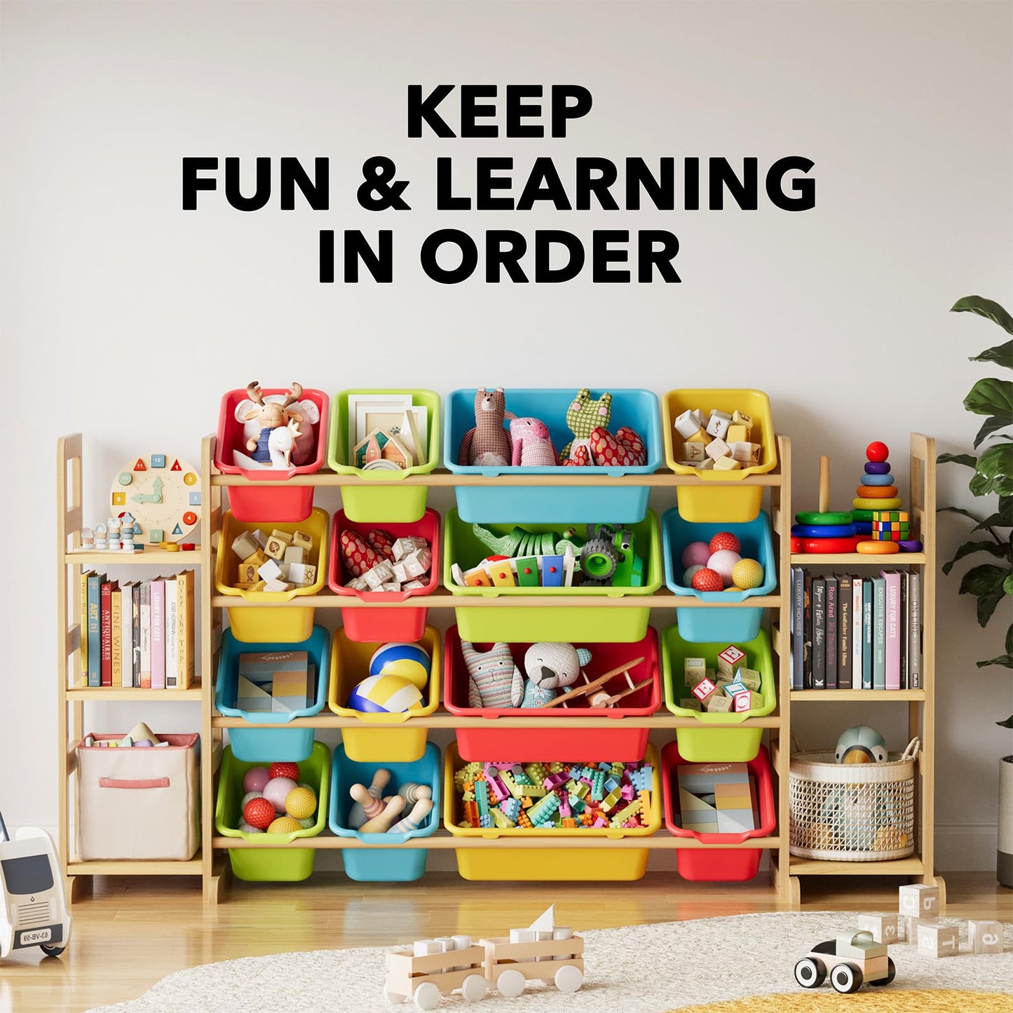 SpaceAid Toy Storage Organizer with 6 Shelves and 12 Bins, Bookshelf/Bookcase, Kids Bin Shelf, Toys Box for Playroom Organization for Bedroom & Room Decor, White, 52.3" W
