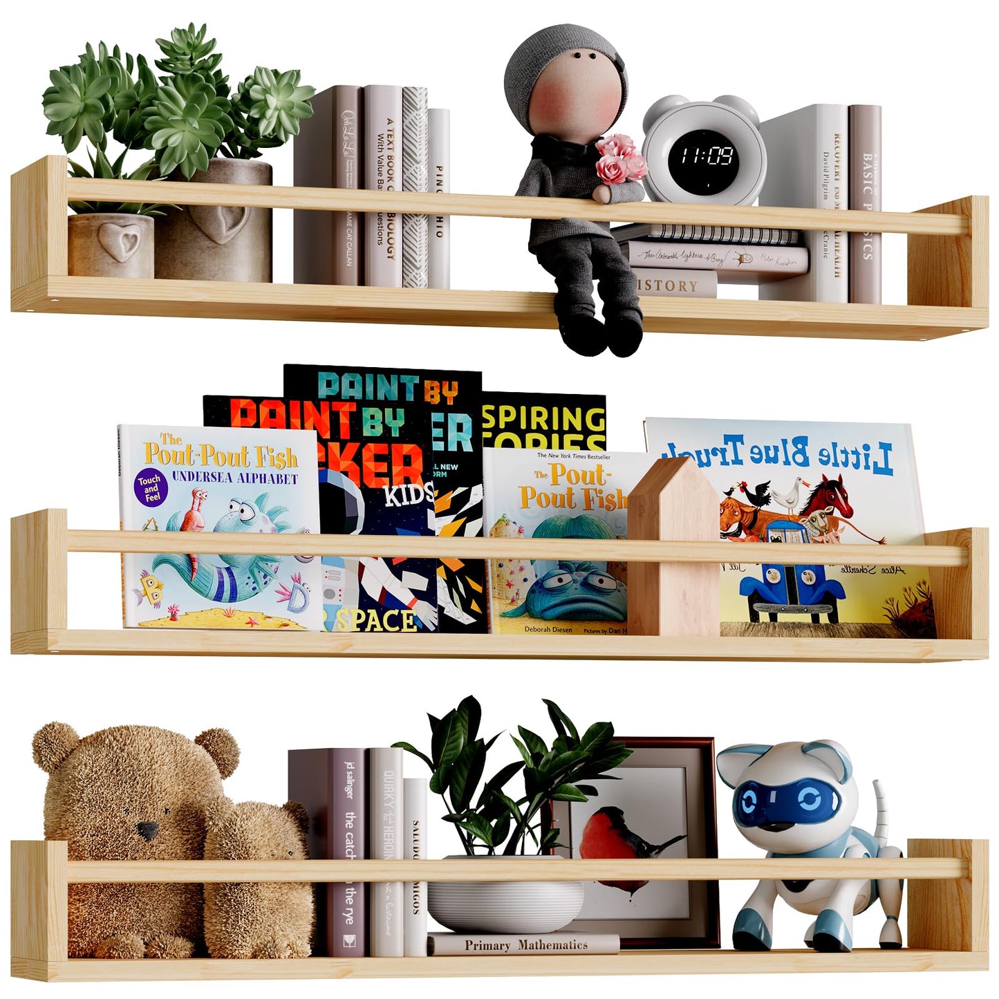 Fixwal Nursery Book Shelves, 16.5 Inch Floating Bookshelves for Wall Set of 3, Baby Nursery Decor, Solid Wood Wall Mounted Shelves for Books, Toys and Decor Storage (Brown)