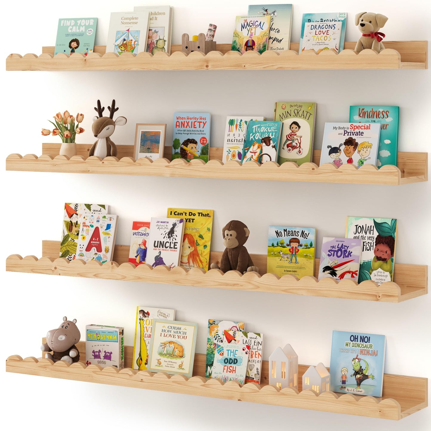 Shario Nursery Book Shelves, 4-Pack White Floating Shelves for Wall Kids, Scalloped Shelves, Wall Book Shelves for Bedroom Kids, Toddler Room, Baby Room, Nursery Decor