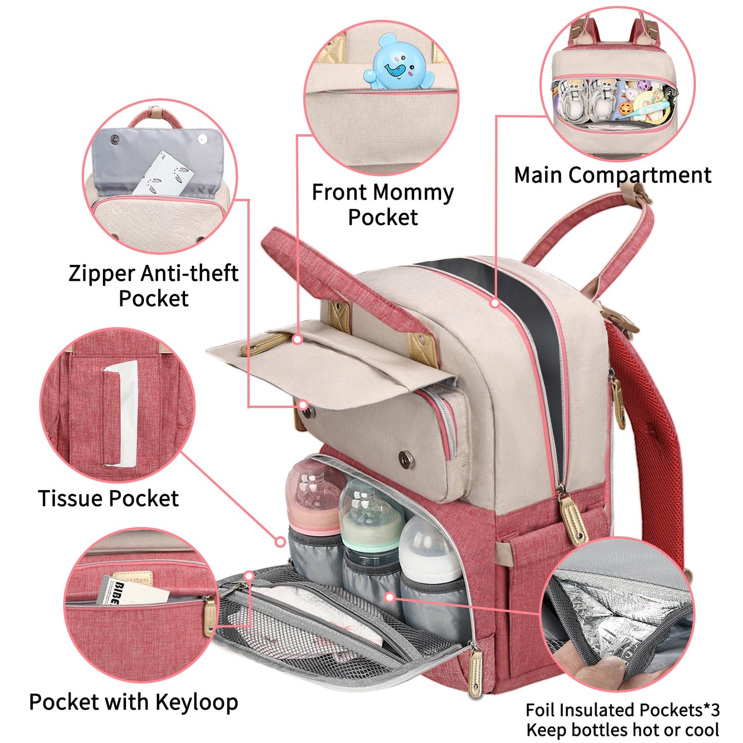 Diaper Bag Backpack, Baby Girl Diaper Bag for Mom, Large Pink Floral Diaper Bag Backpack for Girls, Waterproof Mom Backpack for Work Travel Holiday with Insulated Pockets and Stroller Straps