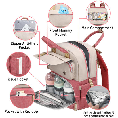 Diaper Bag Backpack, Baby Girl Diaper Bag for Mom, Large Pink Floral Diaper Bag Backpack for Girls, Waterproof Mom Backpack for Work Travel Holiday with Insulated Pockets and Stroller Straps